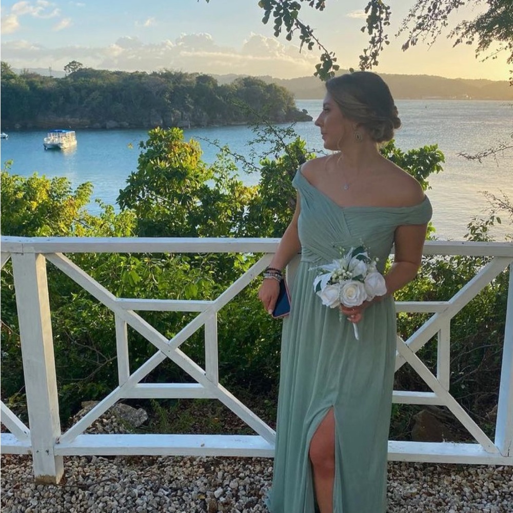 David’s Bridal Dusty Sage Off the Shoulder Bridesmaids Dress